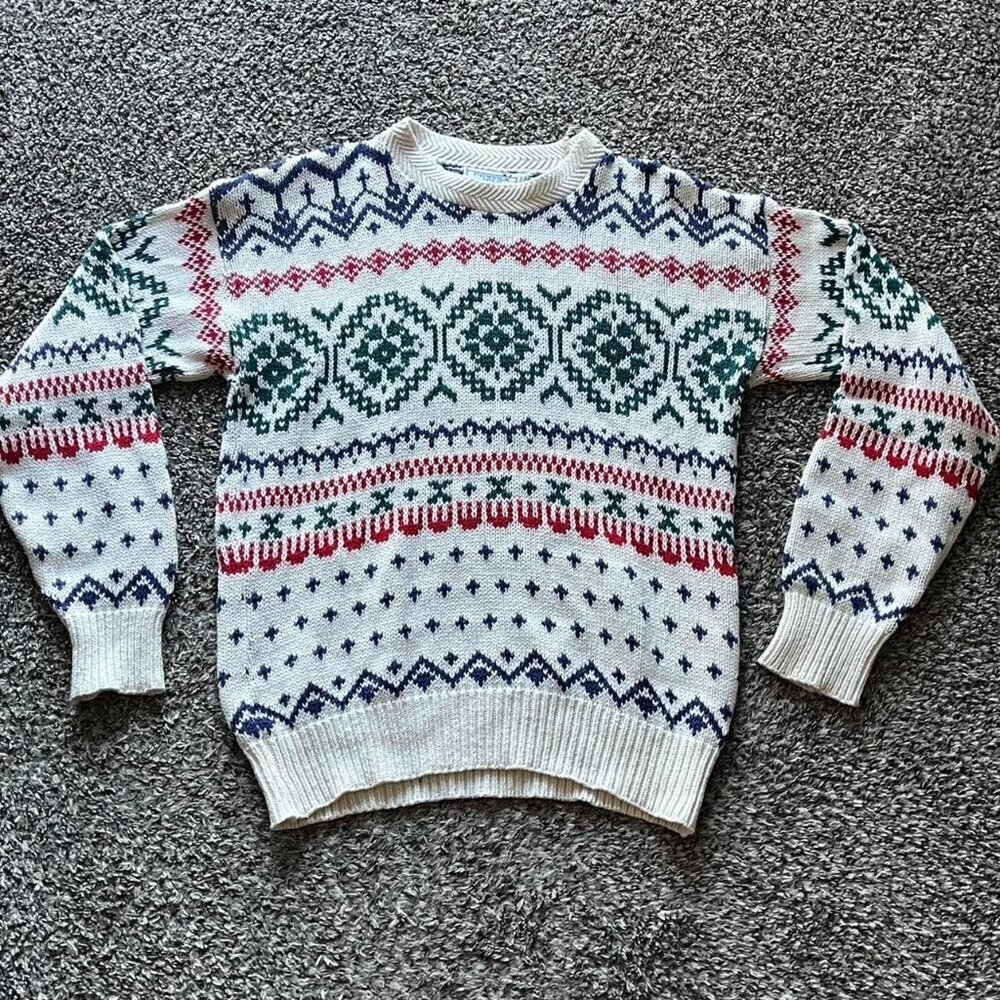 Vintage Penwick Isle Aran Sweater Mens M White Geometric Retro Eclectic Grandpa - Picture 1 of 8